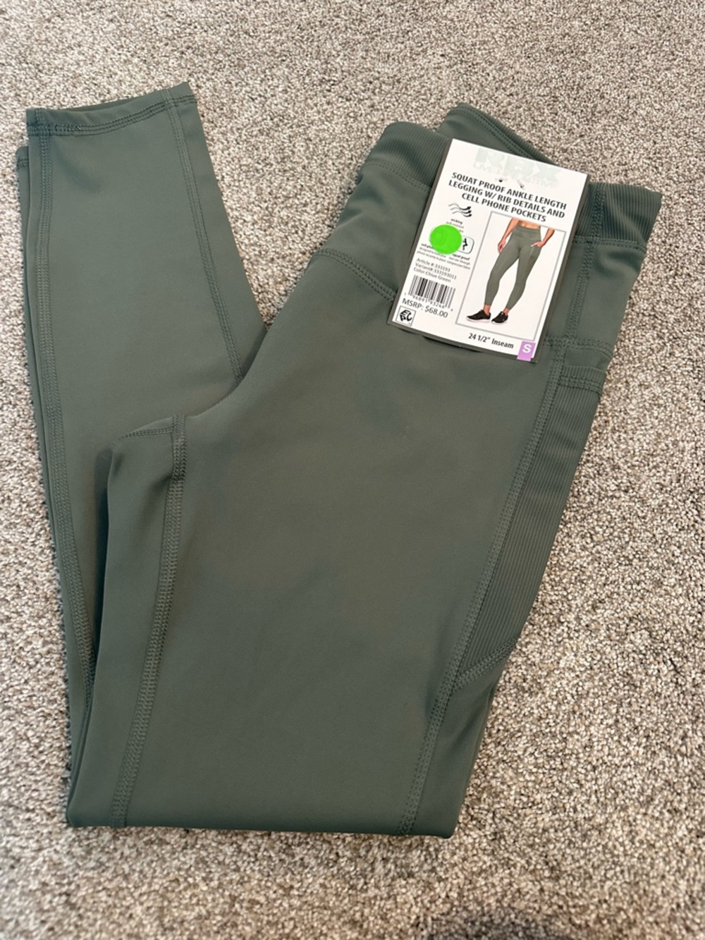 Womens RBX Olive Green High-Rise Ankle Leggings with Side Pockets NWT Size Small
